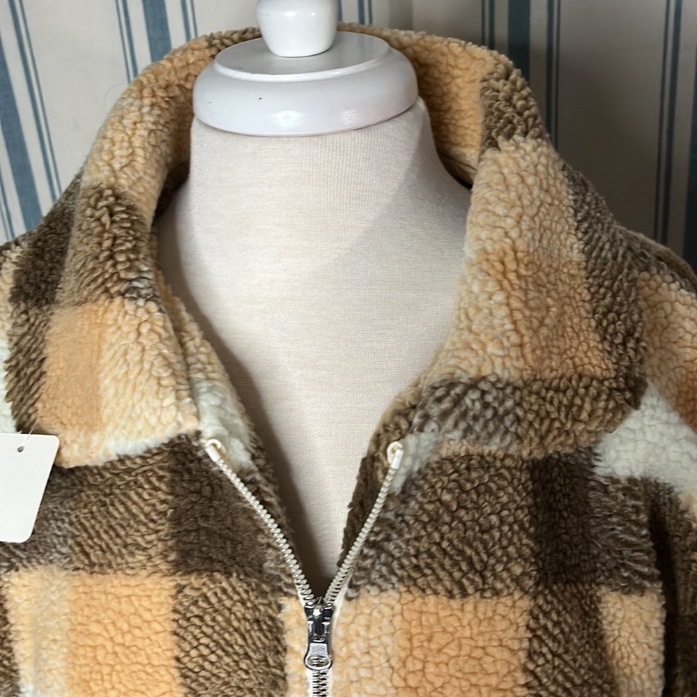 Plaid Sherpa Teddy jacket coat cropped faux poly blend fully lined fitted waist - Picture 8 of 11